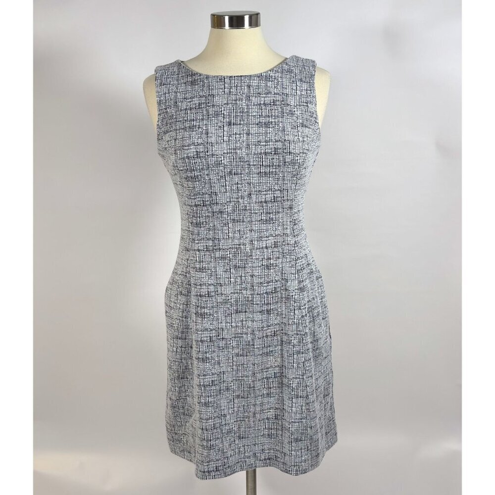Tahari Faux Tweed Boucle Sleeveless Sheath Dress Pockets Black White - Size 6